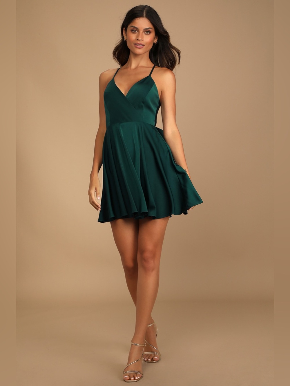 Lulu's Add Some Glam Emerald Green Satin Tie-Back Skater Dress | Size M